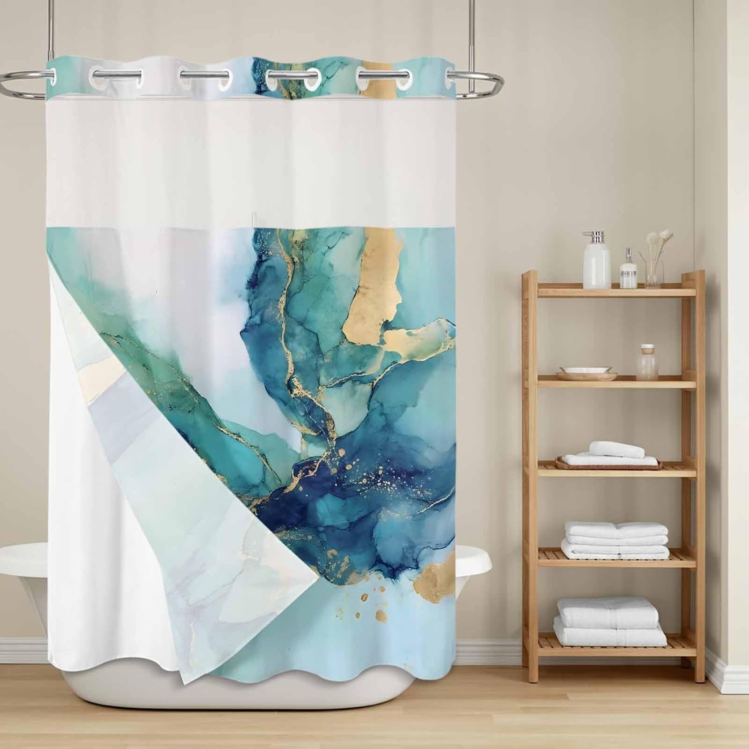 No Hook Shower Curtain, Ombre Turquoise Marble Long Bathtub Curtains with Snap in Liner, Modern Minimalist Art Gradient Waterproof Washable Fabric Shower Curtain Set, 72" x 84"