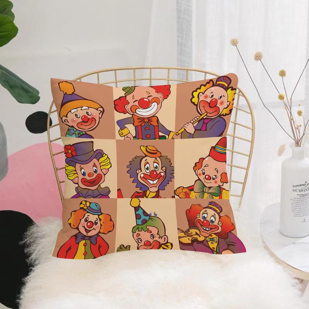 HYOSXW Cushion Cover,Throw Pillow Case Home Decorative for Living Room Bedroom Sofa Chair 16X16 Inch,Circus, nine colorful clowns in different costumes and expressions, cartoon ima,Pillowcase 40X40cm
