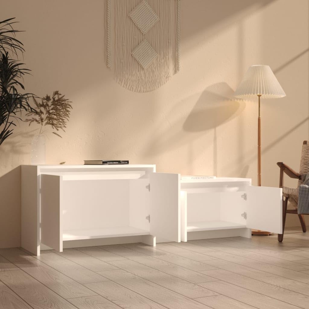 Szafka TV biała 146,5 x 35 x 50 cm, materiał drewnopochodny, 4 drzwi, trwała, do salonu, konsola medialna, uniwersalna podstawka pod telewizor, łatwy montaż
