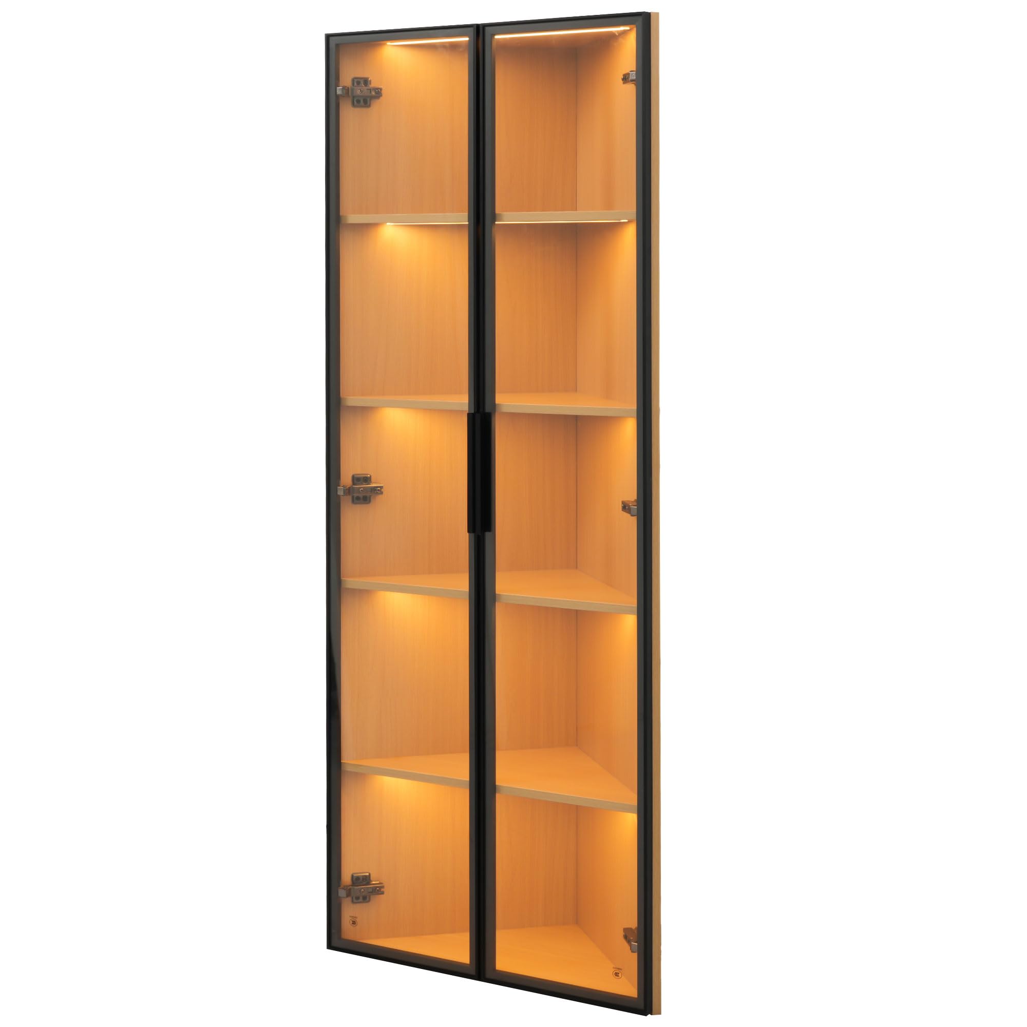 Vitrine de cristal LED 62 x 35 x 160 cm – Roble con luz integrada, libre de polvo, fabricada en cristal templado, vitrina de esquina, elegante vitrina de cristal – Vitrina para libros