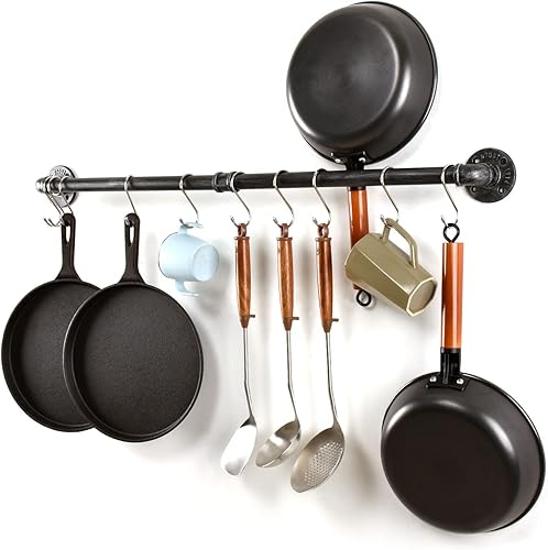 Miniatura 10 de Estante para ollas de tubería, soporte industrial para tapa de utensilios de cocina, organizador de cocina, barra colgante con ganchos en S (36