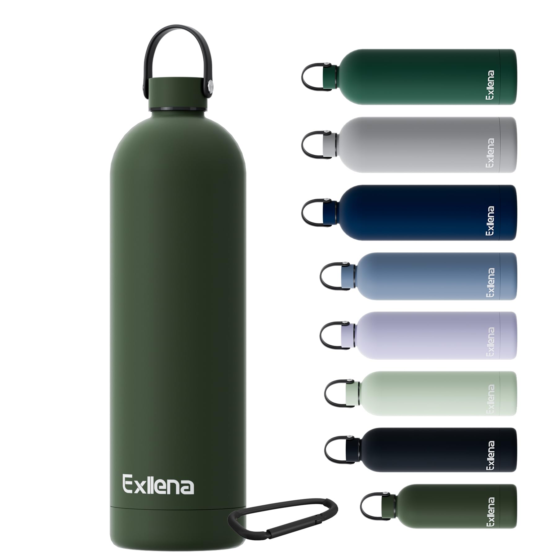 Exllena Trinkflasche Edelstahl mit Griff & Karabiner–500ml/750ml/1L/1,5L isolierte Thermosflasche, 100% auslaufsicher und BPA-frei, Wasserflasche thermo für Sport, Büro & Alltag (Kieferngrün,1500ML)
