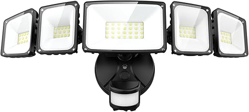 Onforu Luces LED de seguridad de 5 cabezales de 55 W, sensor de movimiento para exteriores, gran angular de 360, luz de inundación de 5000 lm, 6500