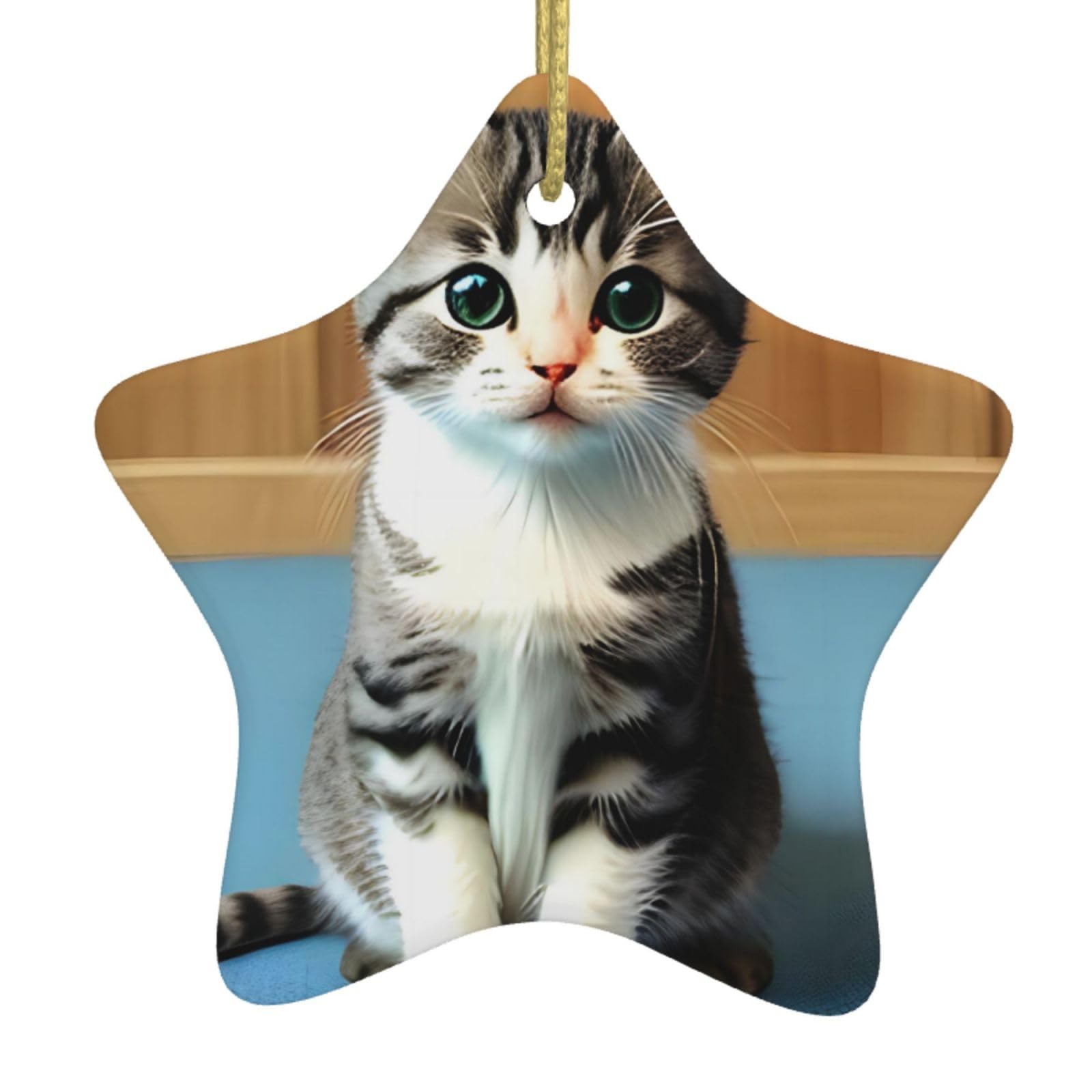 Bedroom Kitten Christmas Ceramic Star Pendant with Punched Holes and Gold Wire Rope, Christmas Tree Home Decoration
