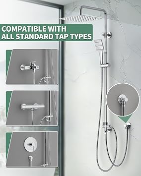 SunCleanse Shower Riser Rail Kit 30x30 cm Square Overhead Rainfall Chrome