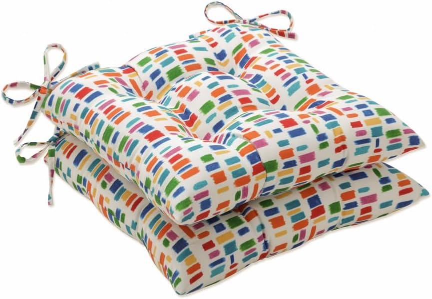 Pillow Perfect Outdoor/Indoor Tufted Seat Cushions (Square Back), 19" x 18.5", Blue Color Tabs Primaries 2 Count