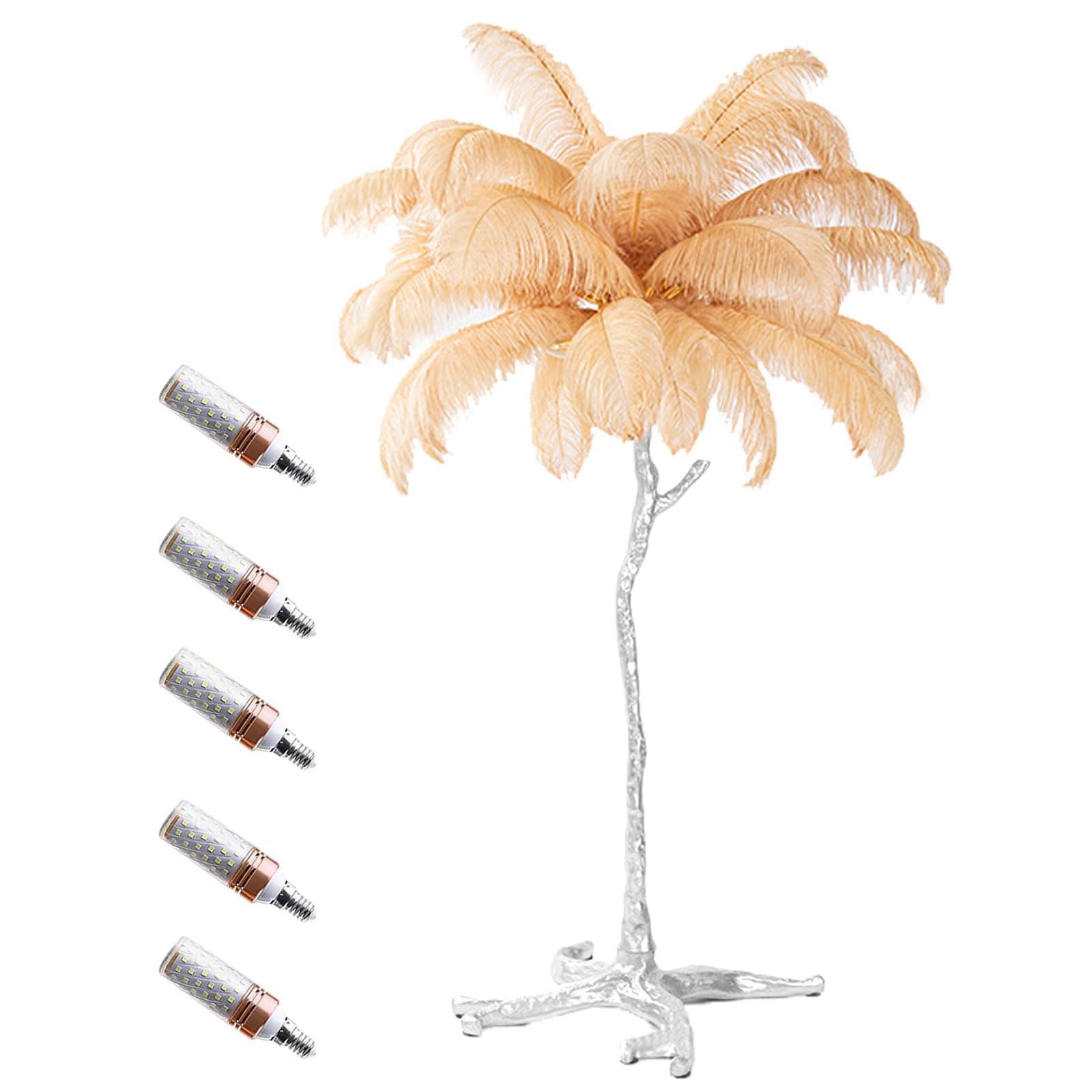 Luxurious Ostrich Feather Floor Lamp for Romantic Girl Bedroom Silver Resin Body Dimmable 3 Colors Foot Switch LED Bulb Included Stylish 24x22in Standing Light (Khaki)