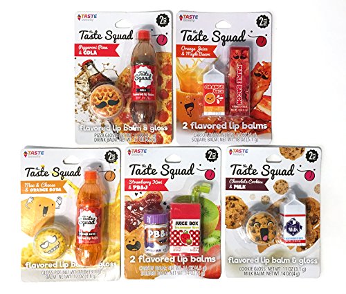 Taste Beauty 5PC Flavored Snack Lip Balm (Pizza & Cola, Orange Juice & Maple Bacon, Mac&Cheese & Orange Soda, Strawberry Kiwi & PB&J, Chocolate Cookies & Milk)