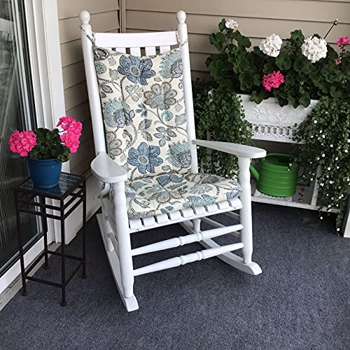Boutique Blue Floral Porch Rocker Cushions - Extra-Large - Indoor - Outdoor, Fade Resistant, Weather Resistant - Latex Foam Fill Rocking Chair Seat Cushion & Backrest Pad Set - ( Blue - White ) #TOP1
