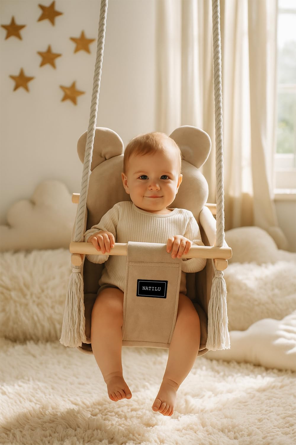 Altalena per bambini Bear Light Beige | altalena in legno per bambini | altalena con orsacchiotto | prodotto nell'Unione Europea