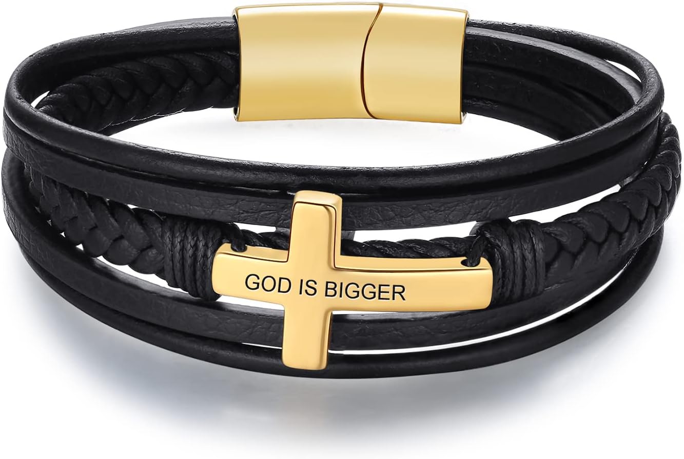 MissNaNa Personalized Leather Bracelet for Men Father Day Leather Bracelets Stainless Steel Bracelet Black Cuff Custom bracelets for Dad Boyfriend Husband