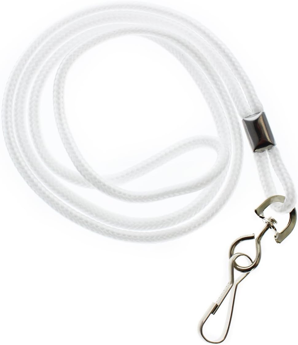 Specialist ID Bulk 100 Pack - Premium Round ID Badge Holder Neck Lanyards for Badges and Name Tags - 36 in Non-Breakaway Heavy Duty Rope Cord & Secure Metal Swivel J Hook Clip (White)