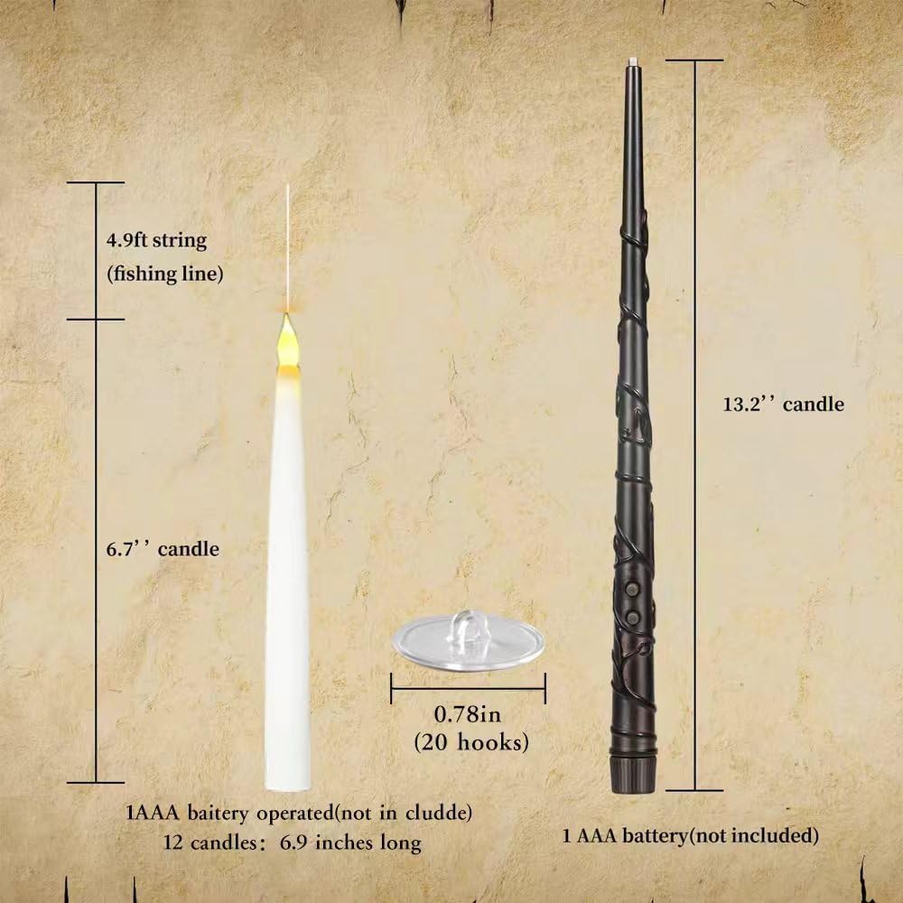 12 Pcs Floating Candles with Wand, LED Flickering Warm Light Magic Deco Candle, Flameless Taper Candles Battery Operated for Halloween Party Decor with Wand Remote Candle Wand Remote