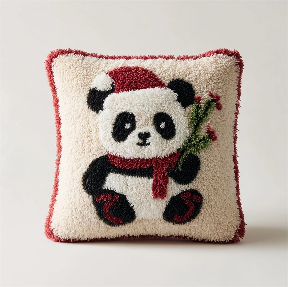 FWRTYCB Latch Hook Pillow Kit,Christmas Panda DIY Needlework Pillow Cover