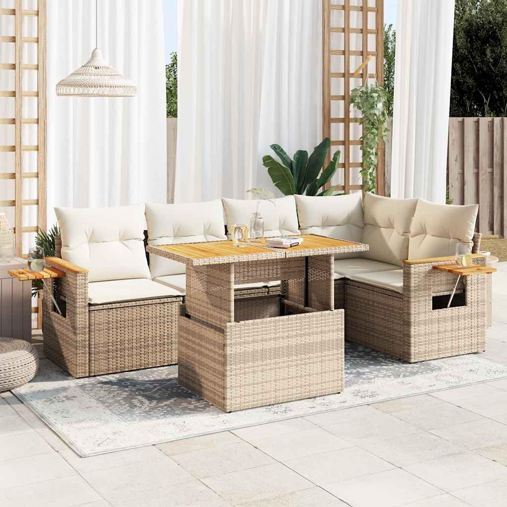 Rattan Gartenmöbel Set Lounge Sofa Balkonmöbel 5 Sitze mit Verstellbare Tischplatte und Stauraum Beige und Creme