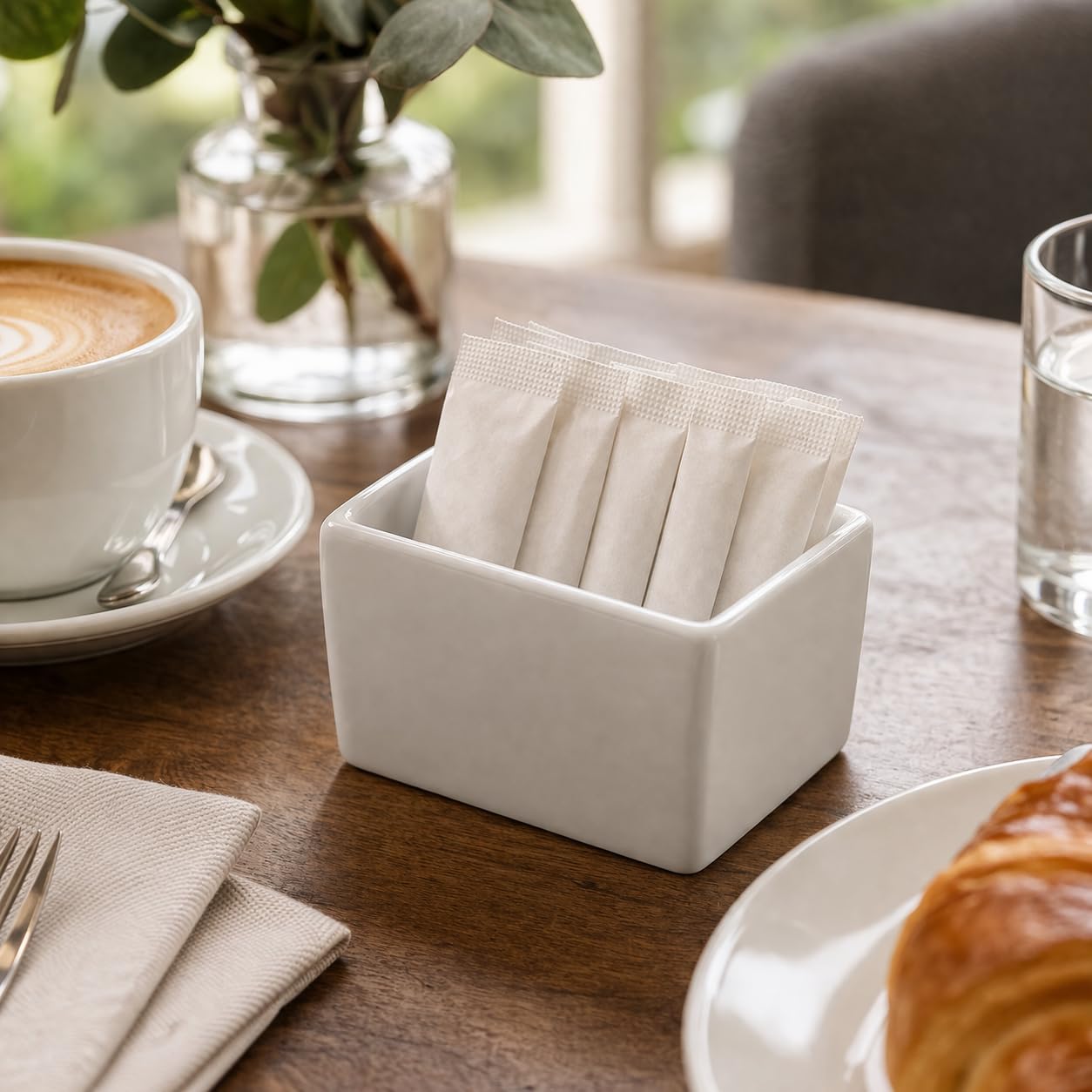 clay craft white ceramic sugar sachet holder | tea bag holder stand for café & home | sugar packet organizer | microwave & dishwasher safe | storage for sugar, sweetener & tea bags (rectangular)