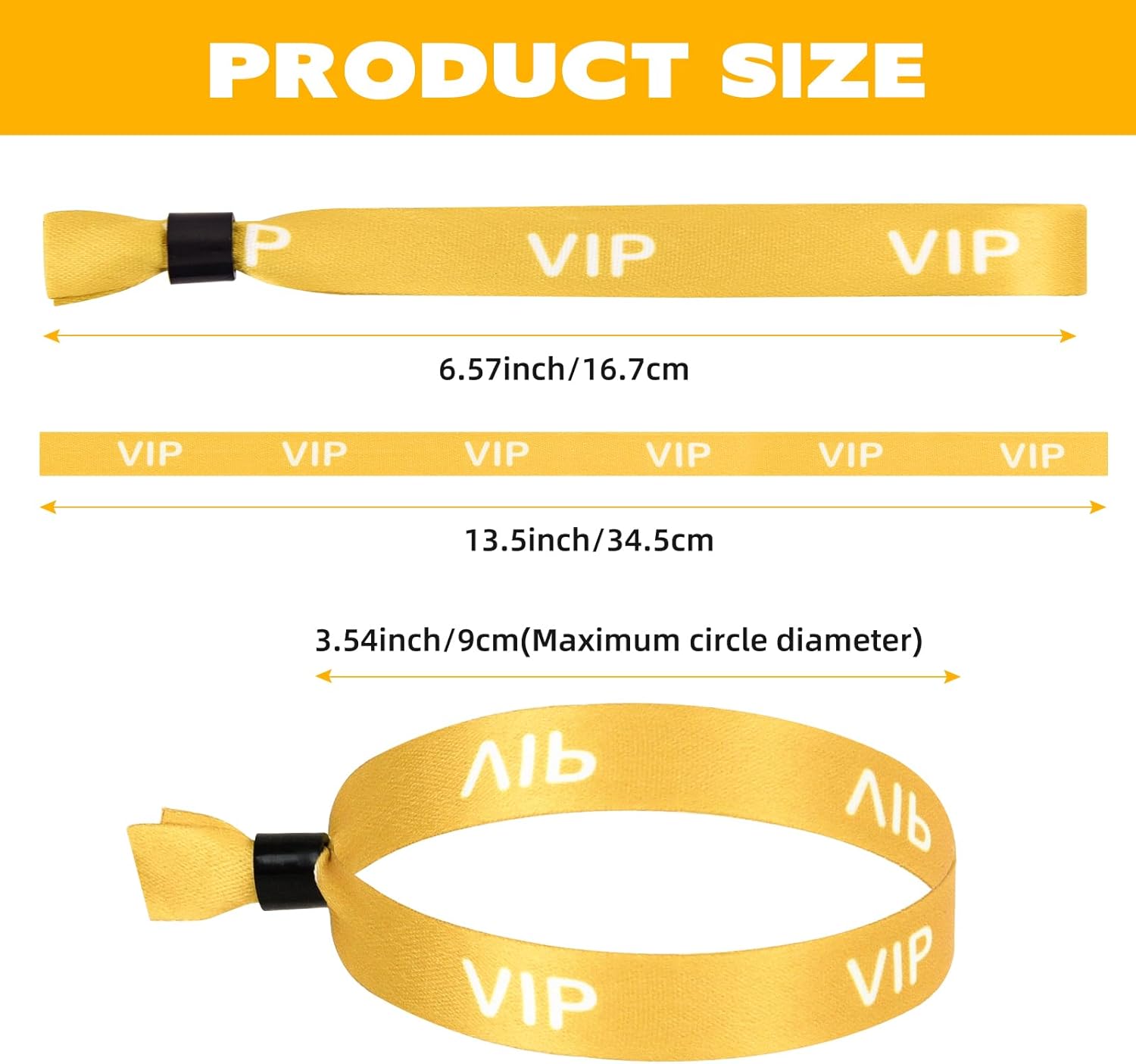 100 Pack VIP Wristbands for Events, Secure Tamper-Proof Cloth Identification Bracelets with One-Time Lock, Adjustable Heat Transfer Printed Entry Bands for Festivals and Parties, Yellow
