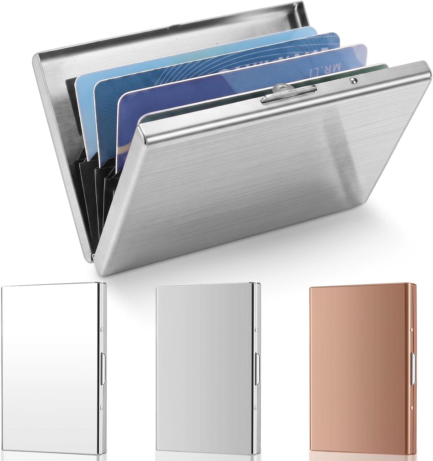 Thenshop 3 Pcs Metal Credit Card Holder,Silver, Rose Gold, Mirror Silver