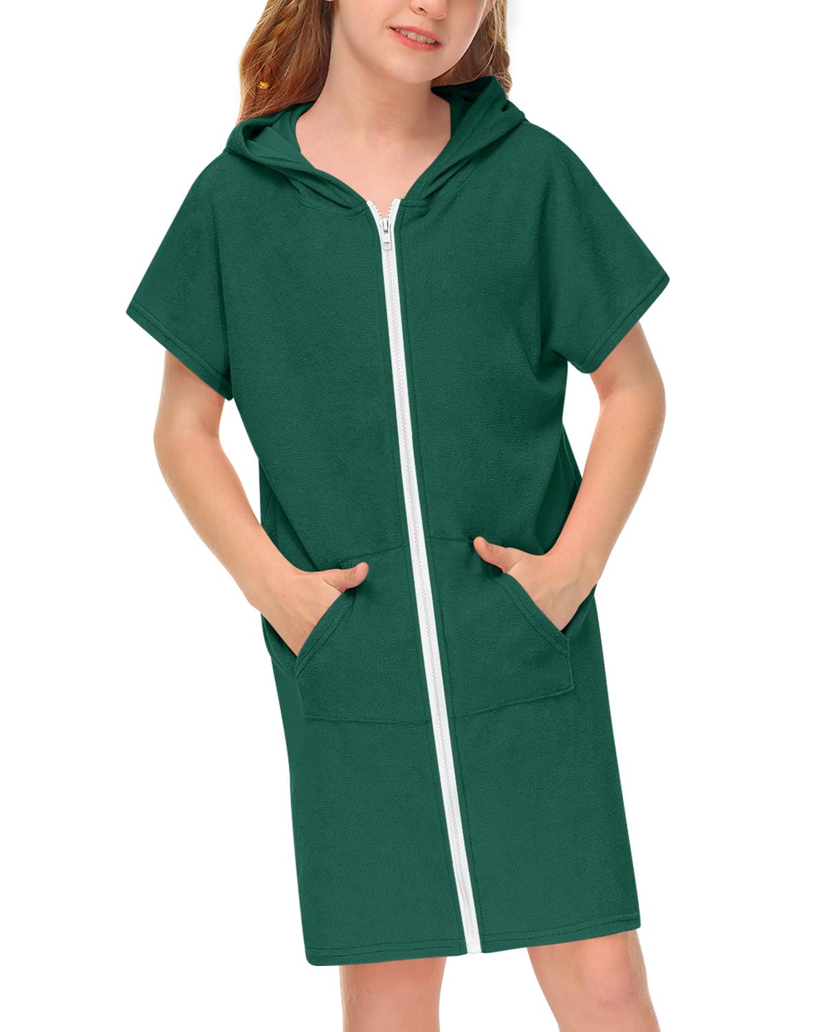 BesserBay Unisex Kids Terry Cloth Swim Cover Up Zip Up Hooded Bathrobe with Pockets 3-14 Years