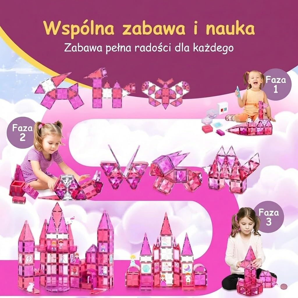 Olvy Klocki Magnetyczne Montessori 80 Elementów Księżniczka – Zabawka Edukacyjna dla Dzieci od 3 Lat – Magnetic Tiles