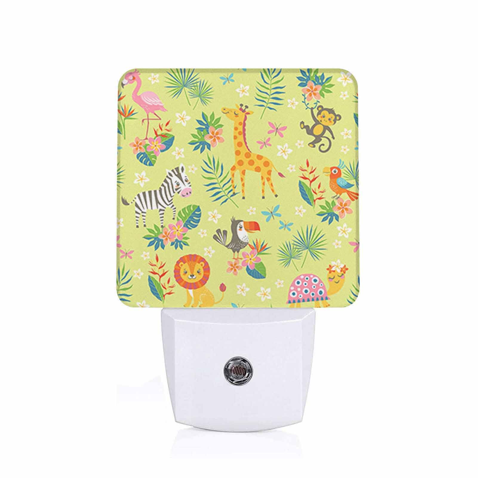 LED Night Light,Cute Cartoon Tropical Animals On Green LED Night Light Plug into Wall with Dusk to Dawn Light Sensor White Energy Efficient Nightlight for Bedroom Bathroom Hallway Living Room Kitchen