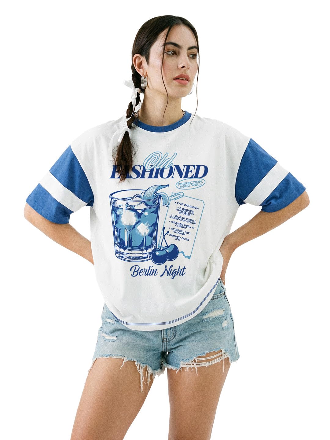crazymonk Old Fashioned Women's Oversized T-Shirt - White/Sleeve Rib Royal Blue-picture-10
