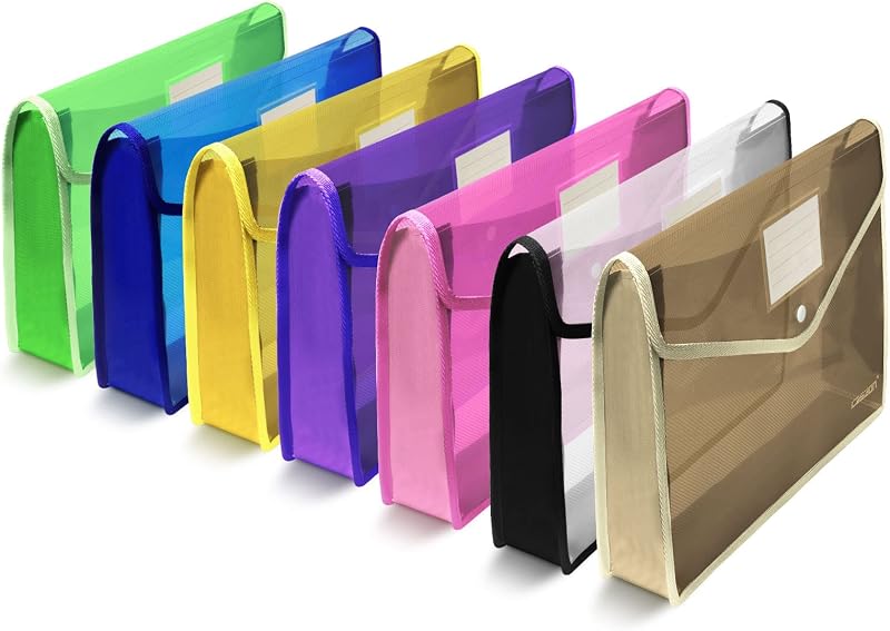 Paquete de 7 carpetas de archivos de plástico B4, carpeta de archivos expandible transparente impermeable, morado, rosa, amarillo, verde, blanco, azul y negro
