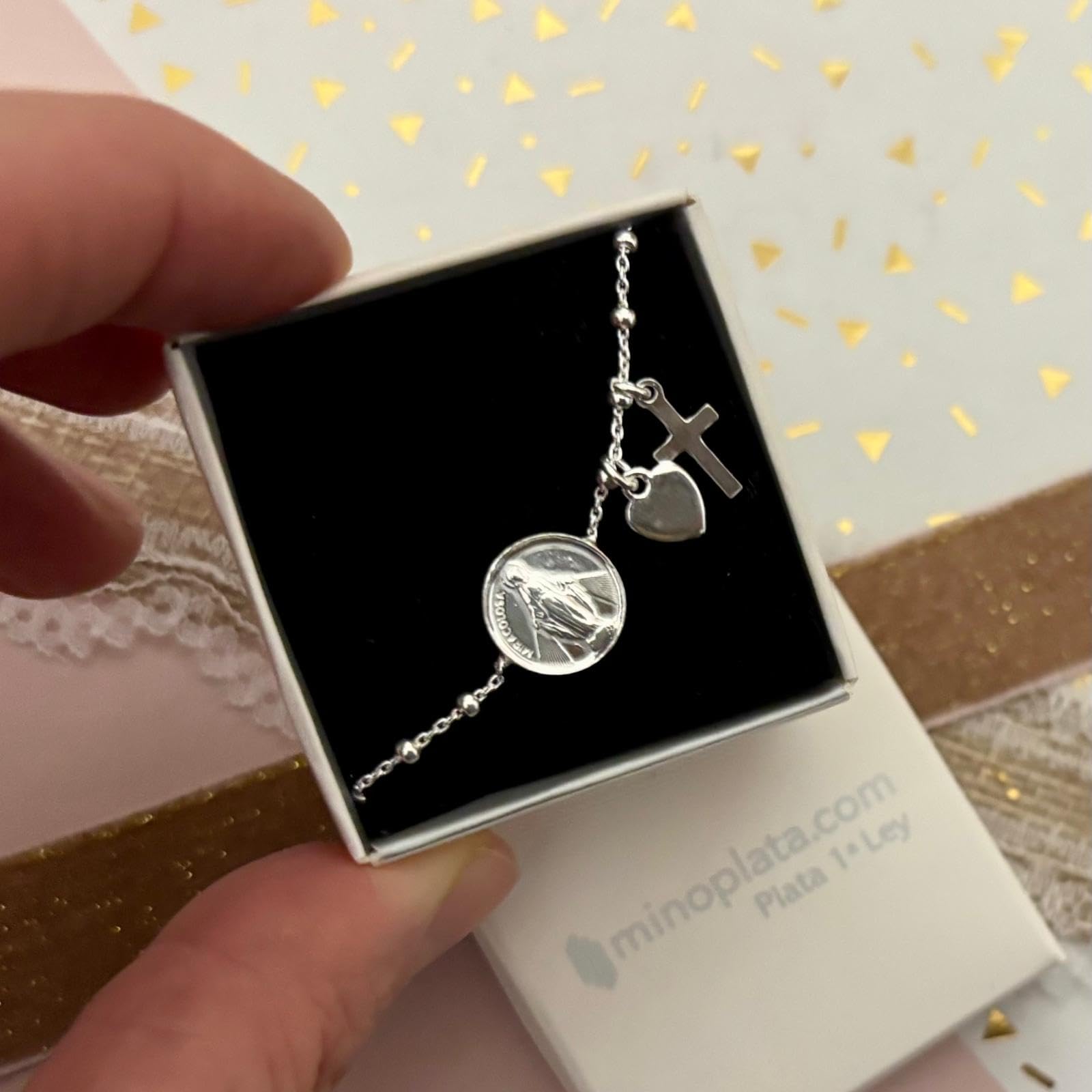 Pulsera Religiosa de Plata 925, Medalla Virgen Milagrosa con Cruz San Benito y Corazón, 16.5cm + 2.5cm Extensible, Bolitas de 2mm, Estilo Espiritual