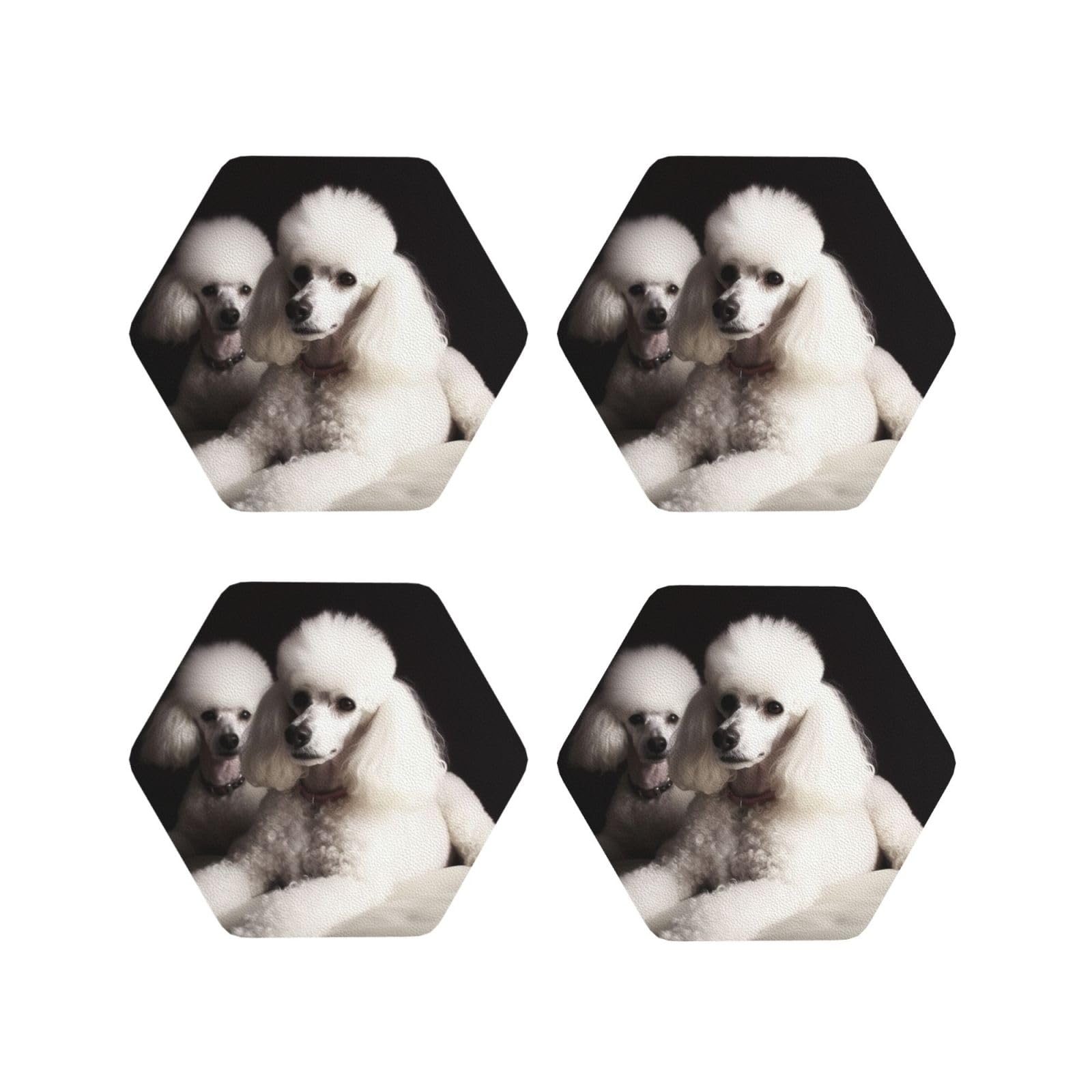 4Pcs PU Leather Coaster for Drinks, French Poodle Cup Coastersr 4" Cup Mat Pad, Aesthetic Drink Coasters for Coffee Table, Hexagon Coaster for Tabletop Protection
