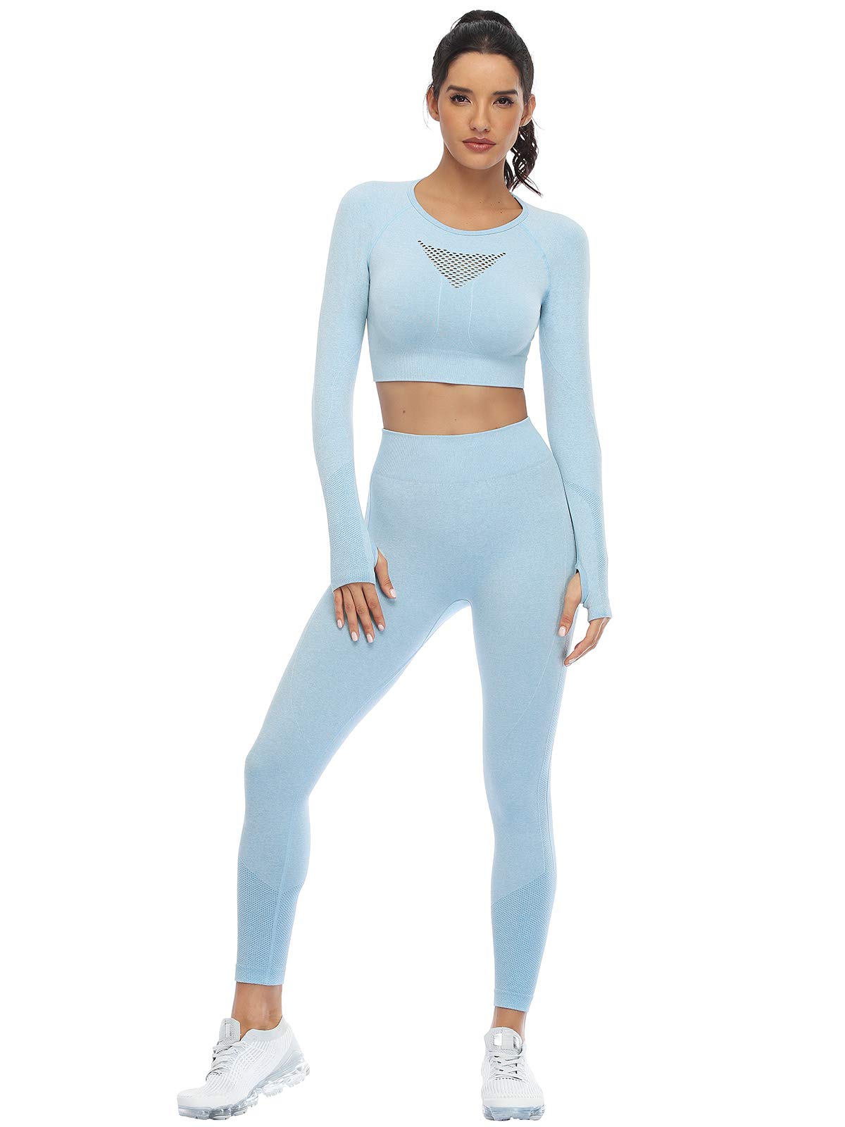 JOLLMONO Workout Sets for Women 2 Piece Yoga Gym Outfits Seamless Ribbed Leggings with Long Sleeve Tops