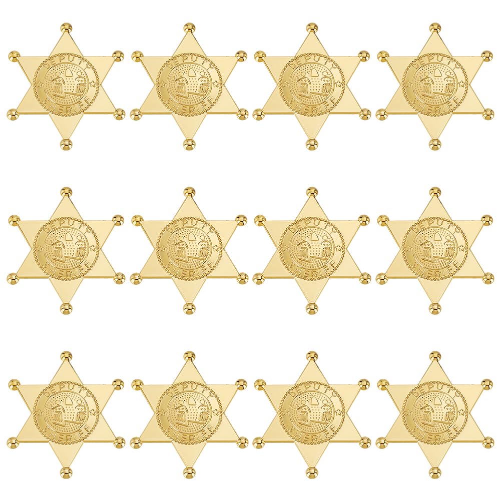 MAYJOYDIY 12Pcs Golden Sheriff Badges Western Cop Star Deputy Badge Plastic Brooch Police Badges Pin Old West Prop Cowboy Party Decoration Badge for Cosplay Party Costume Play Props