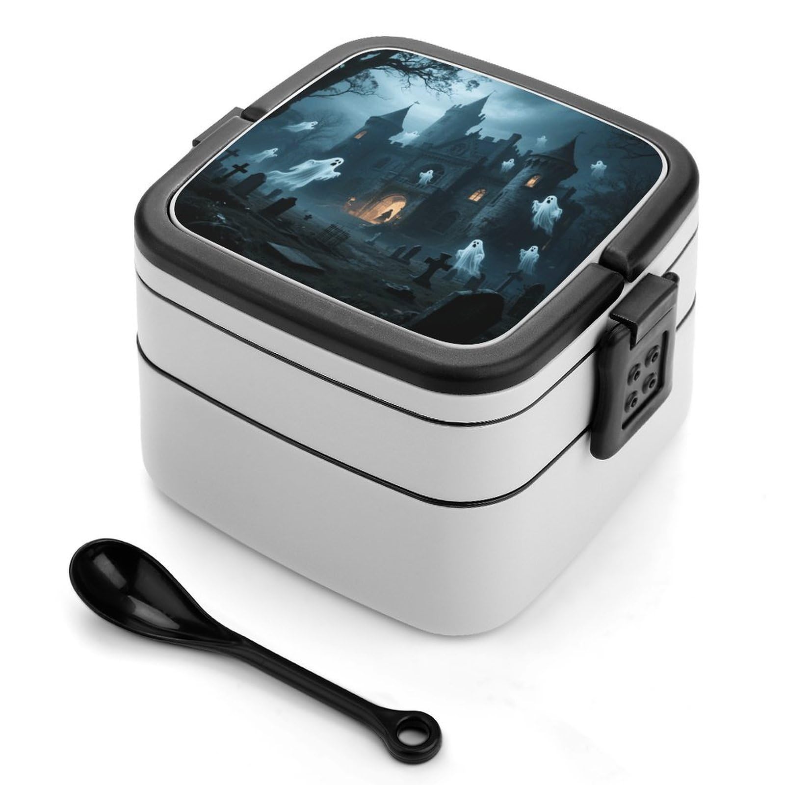 VstaDank Ghost Castle Bento Box with Compartments Portable Lunch Containers with Spoon Leak Proof Bento Lunch Box Snap-On Design Double-Layer Insulated Lunch Boxes for Work Camping