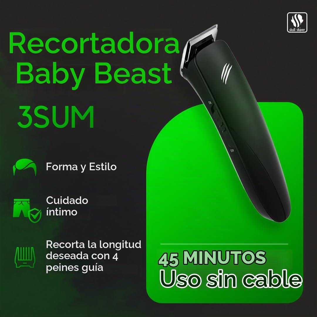 Skull Shaver Baby Beast 3SUM – Recortadora y Afeitadora para Hombre con Tres Cabezales, Diseño Compacto, Uso Sin Cable y Cuatro Peines