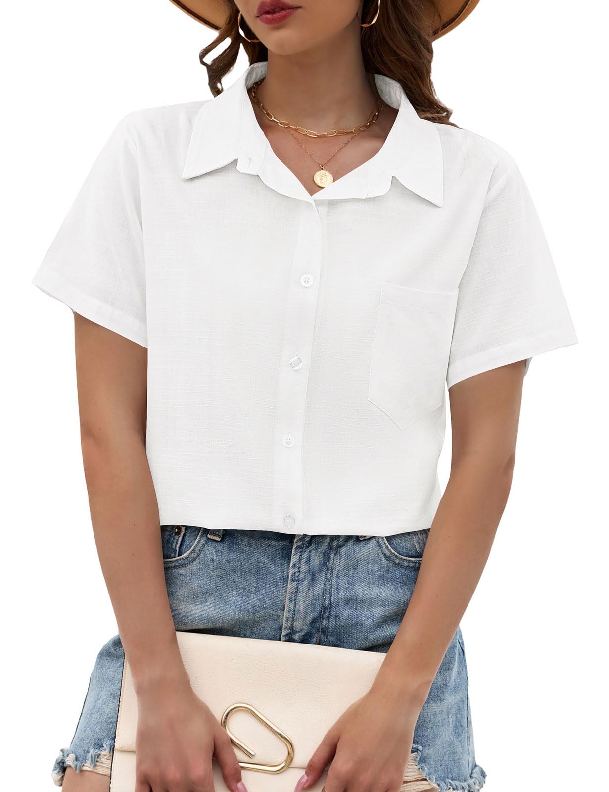 Chemise Femme Manche Courte Chemisier Chic et Élégant Blouse Coton Lin Haut Été Tops Col en V Tunique D'été avec Boutons Décontractés T-Shirt Ample Couleur Unie