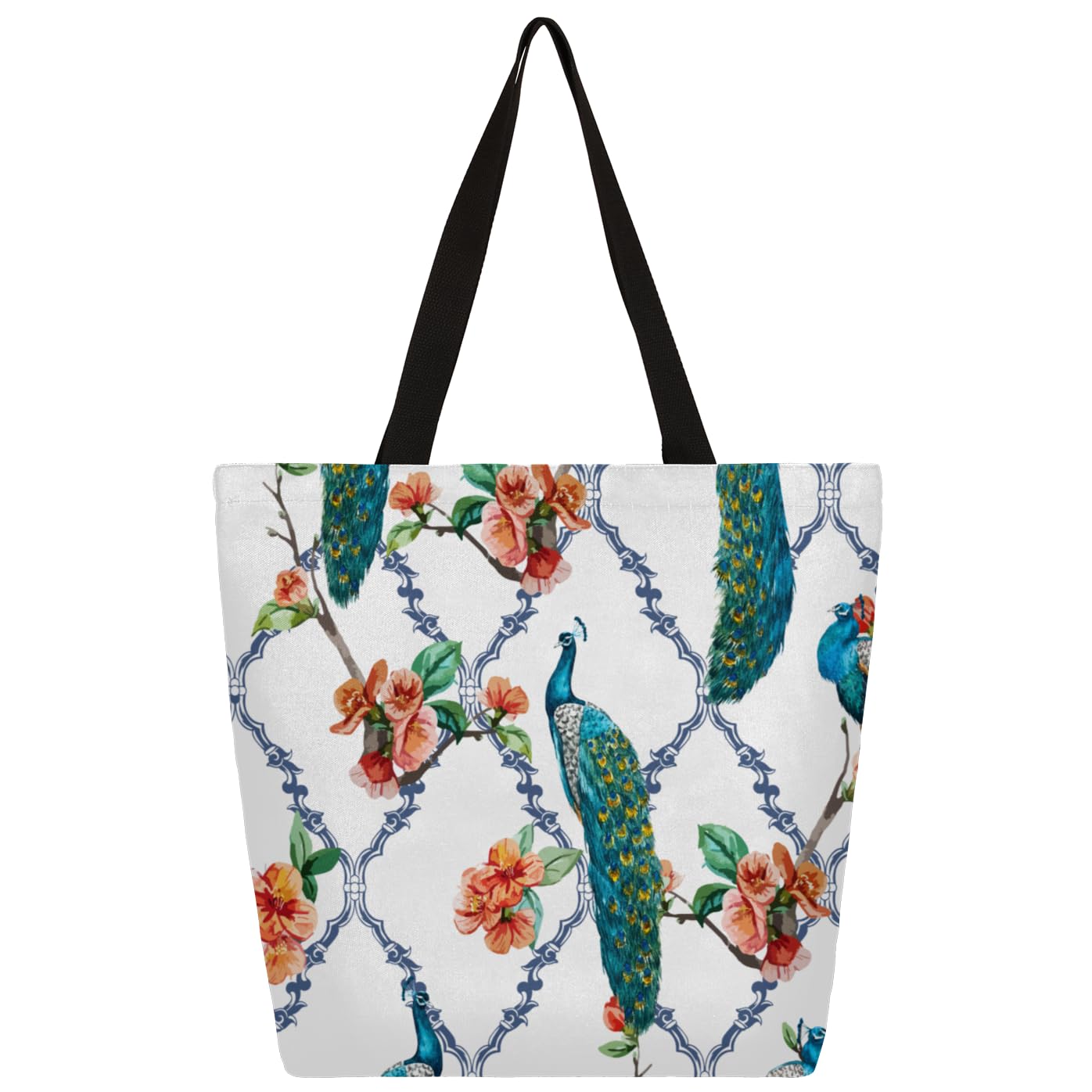 Mularoka Peacocks Flowers Large Capacity Canvas Tote Bag Stylish Handheld Shoulder Bag Reusable Shopping Bag for Work Travel Beach Trips Shopping