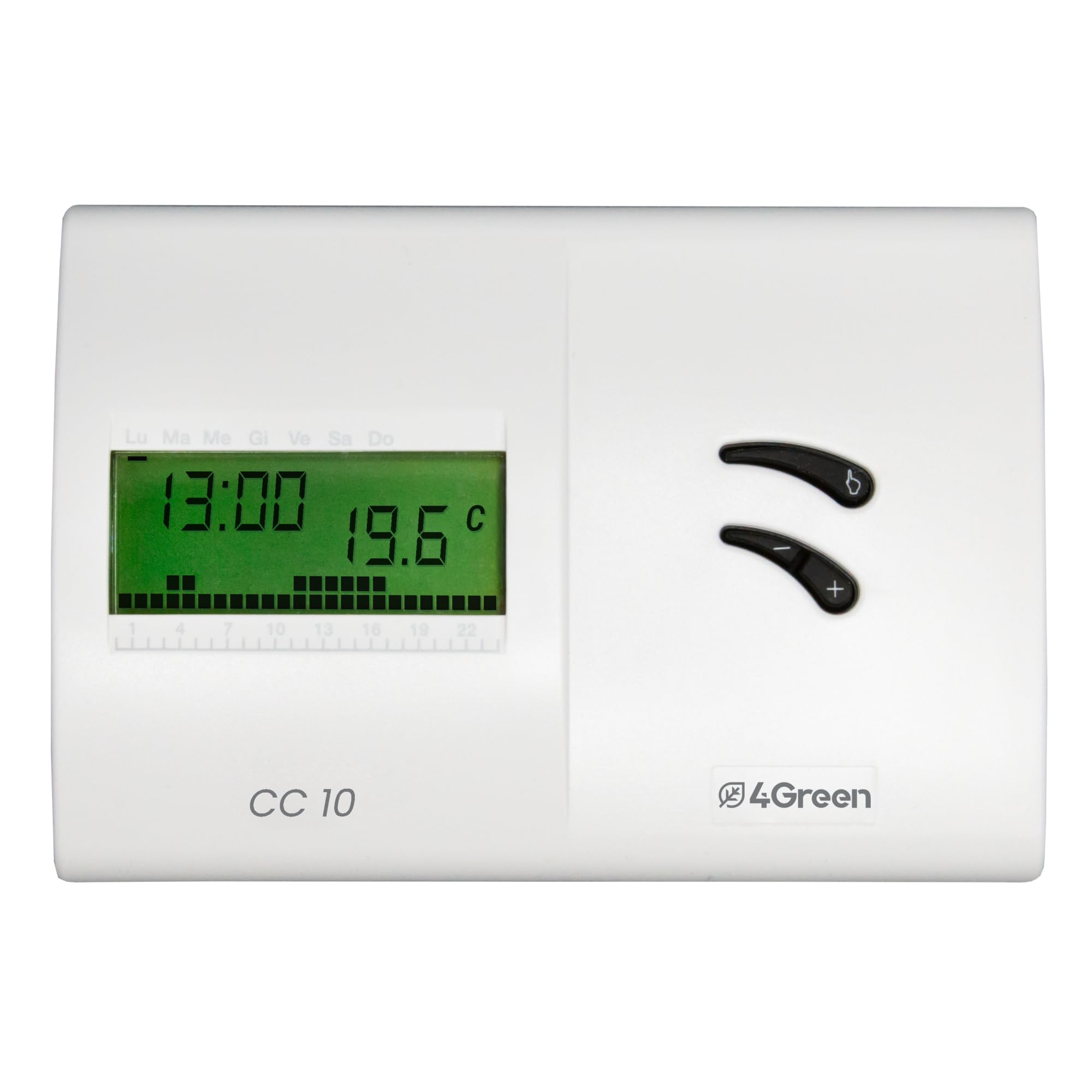 4GREEN CC 10B cyfrowy chronotermostat z tygodniowym programowaniem, termostat do ogrzewania i klimatyzacji, zasilanie bateryjne, montaż na ścianie, wyświetlacz LCD, biały