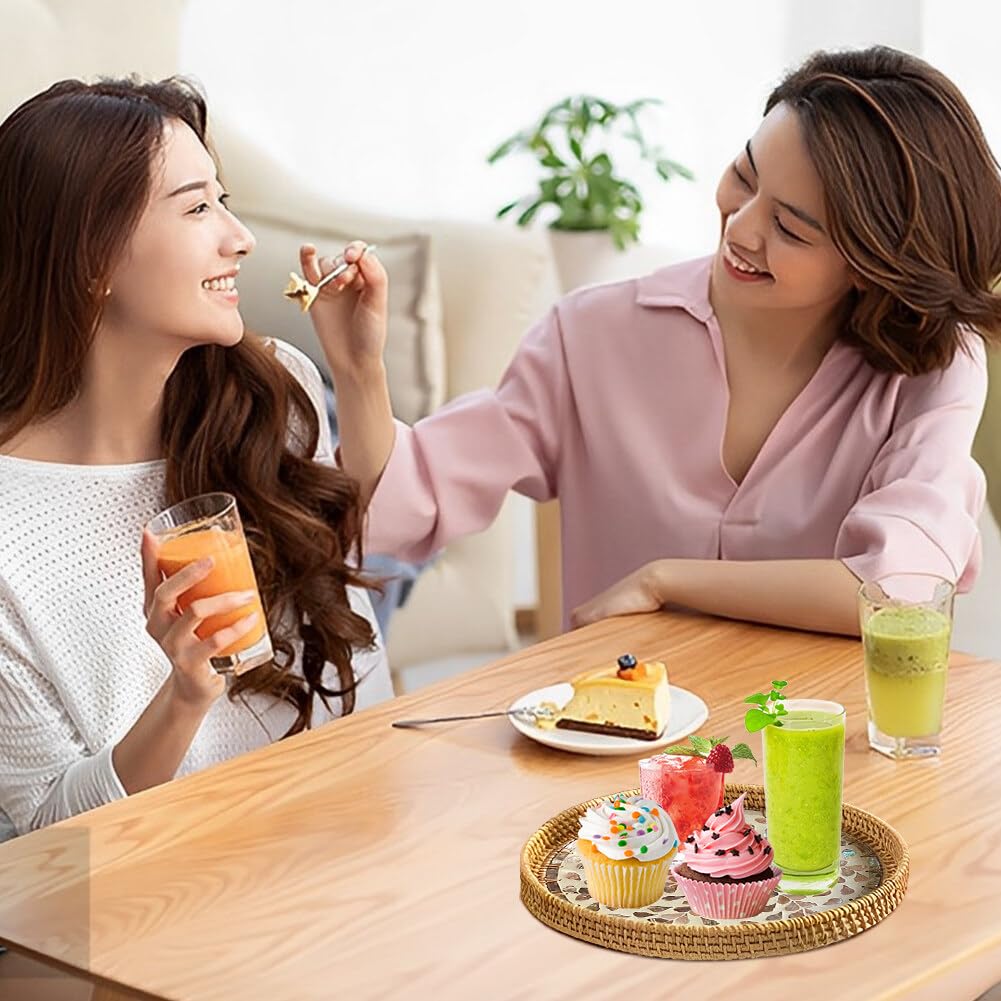 2 bandejas de ratán para servir, bandejas de conchas de colores, bandejas de frutas, bandeja de pan, bandeja para aperitivos, bandeja redonda tejida de mimbre de mimbre, bandeja de ratán, cesta