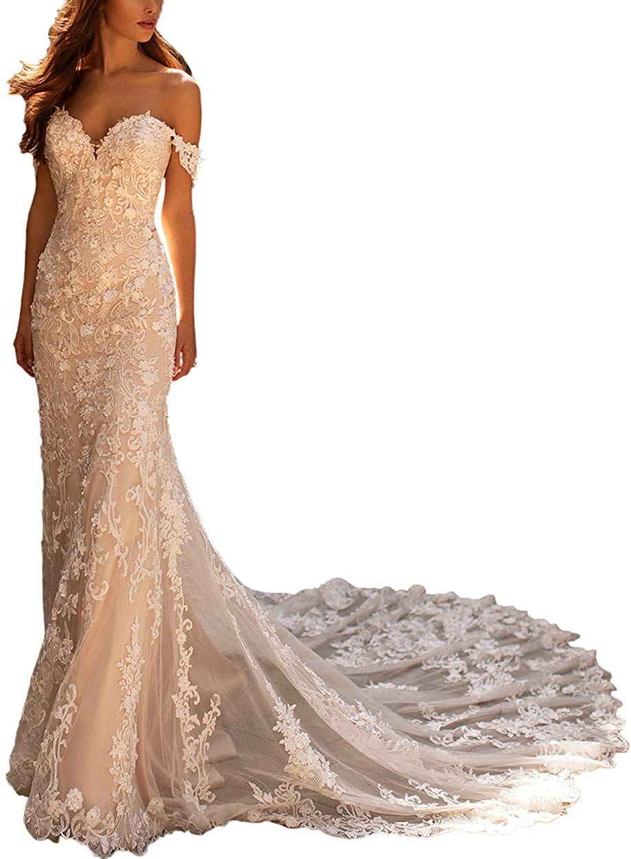 Women's Off The Shoulder Appliques Lace Mermaid Wedding Dresses for Bride with Train Bridal Ball Gown