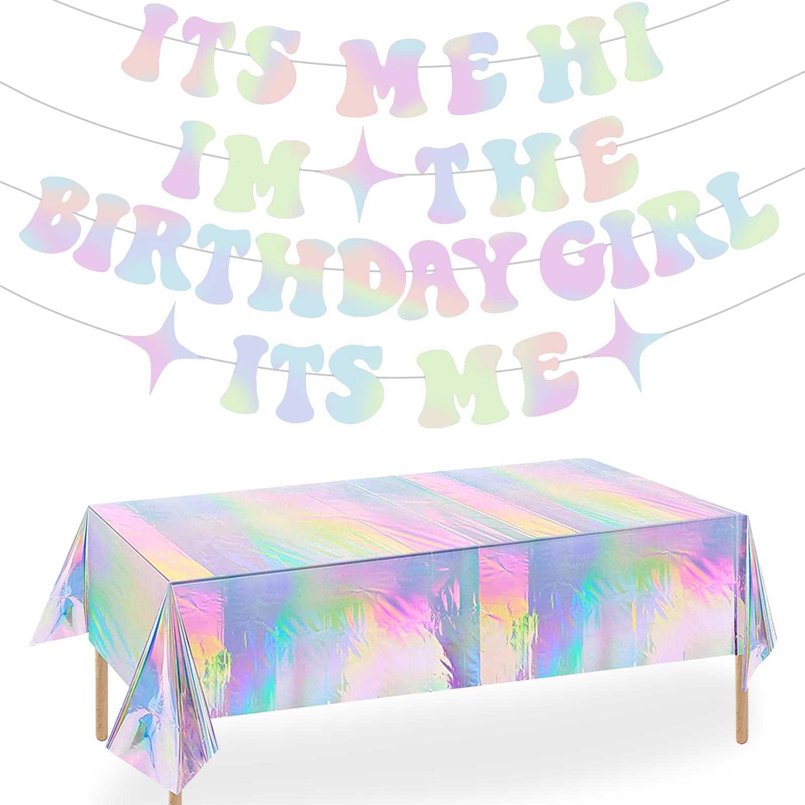 SelfTek Its Me Hi Im The Birthday Its Me Banner, Glitter Iridescent Popular Birthday Party Decorations Banner With Plastic Table Cloth Disposable 54"