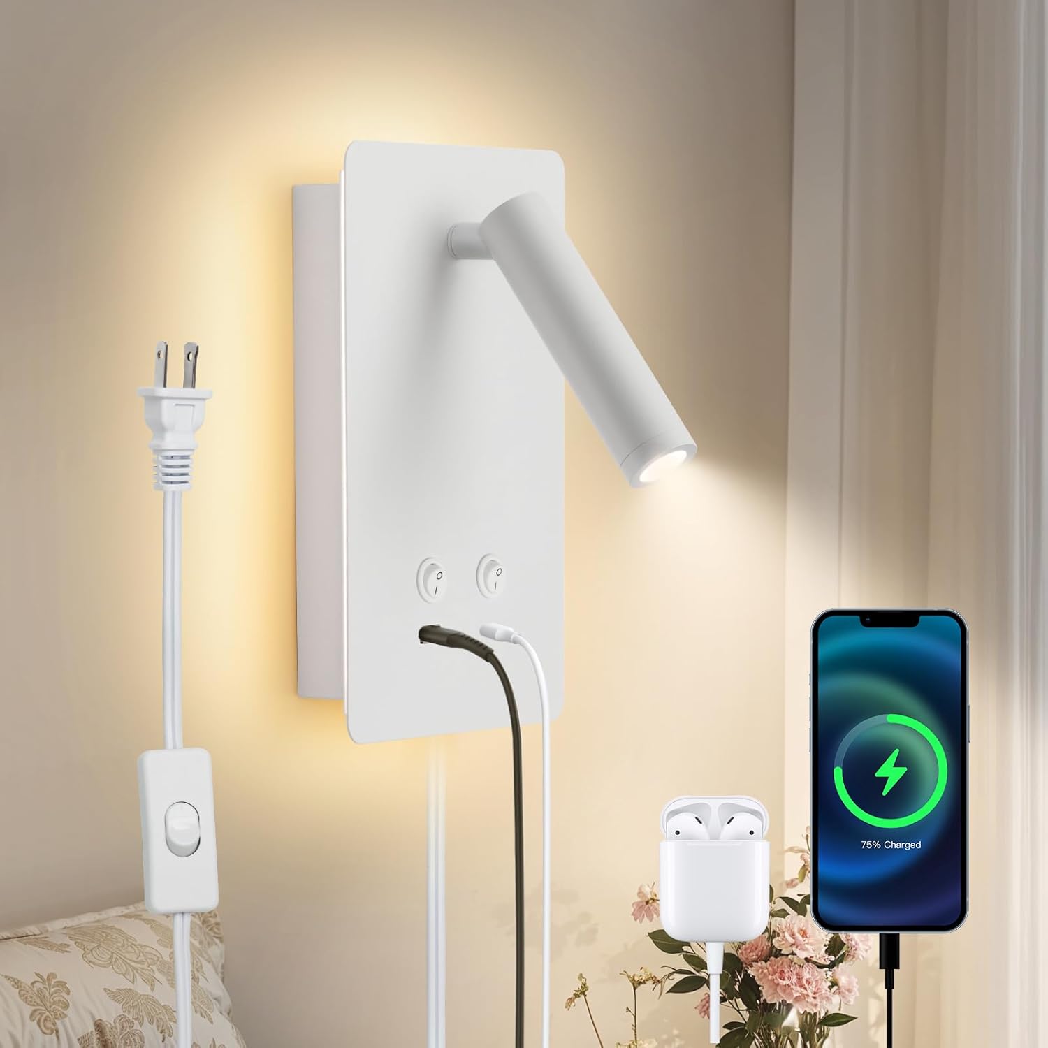 LED Wall Lamp Wall Mounted Reading Lights for Bedroom,Adjustable Headboard Wall Sconce with USB+Type-c Charging Ports,Plug in Bedside Lamp with 9W+3W Spotlight Night Light 3000K(White)