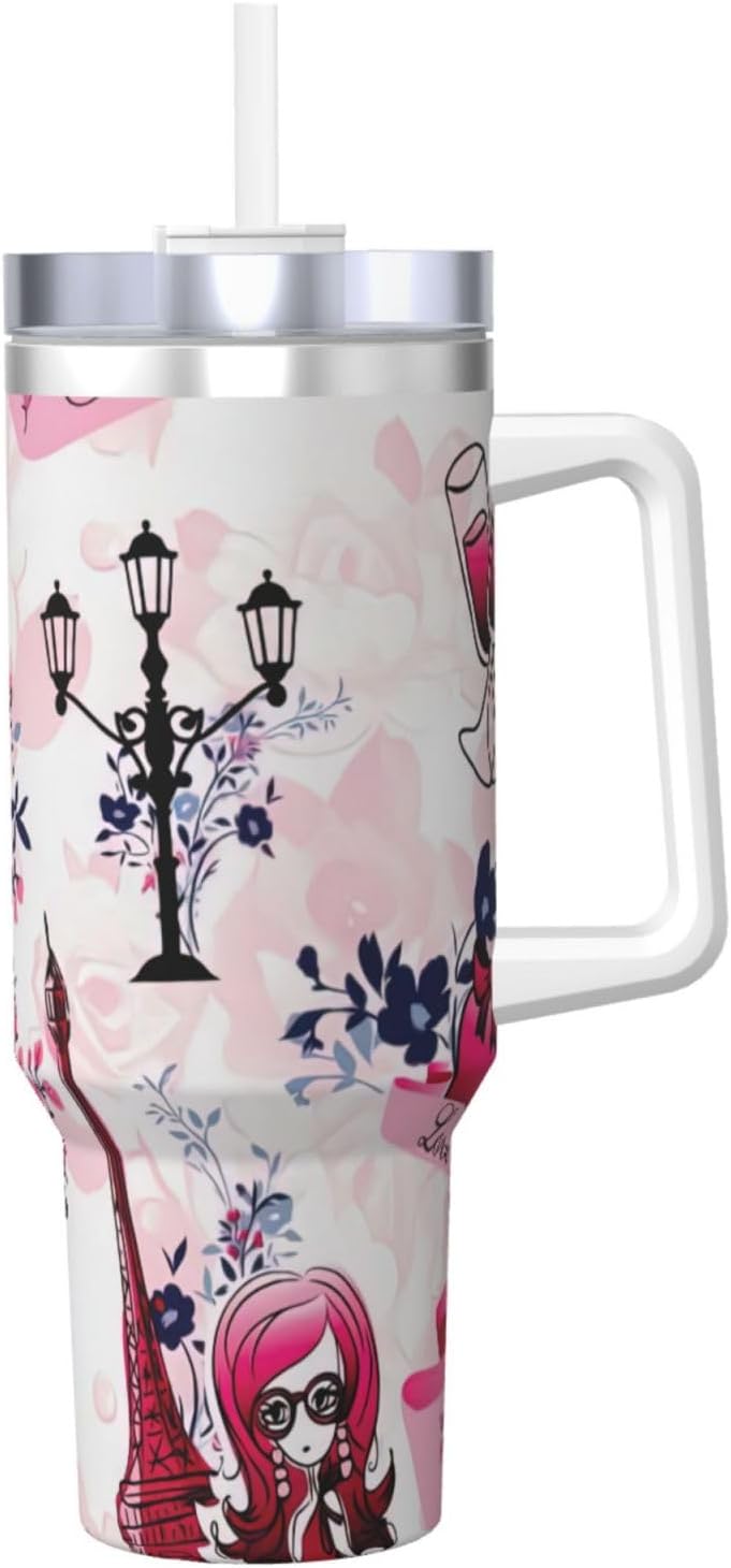 40 OZ Paris Eiffel Tower France Print Ice Bully Cup with Handle Straw Lid Straw,Stainless Steel Tumbler Coffee Cup