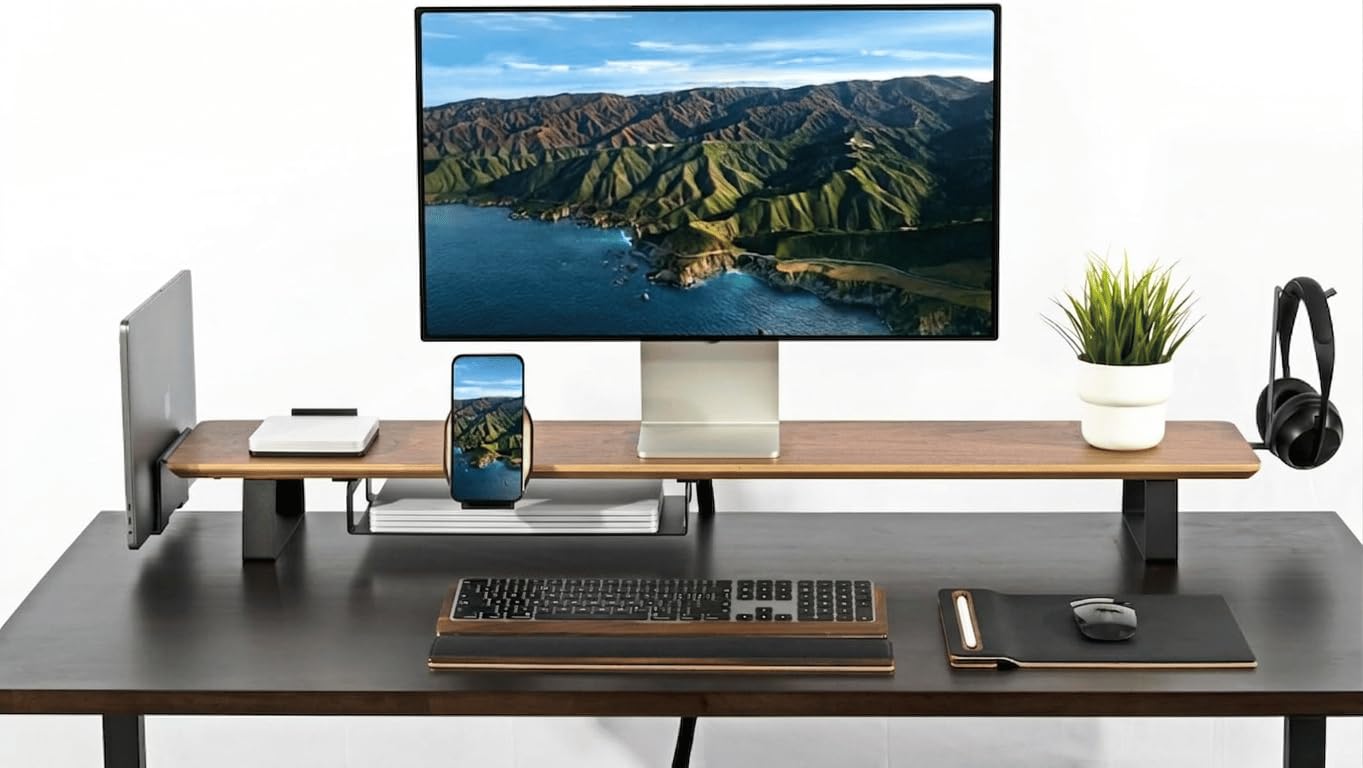 Monitorständer Desk Shelf 100 cm Walnuss | Monitorerhöhung Holz mit modularem Schienensystem | Schreibtisch-Organizer für kompakte Setups