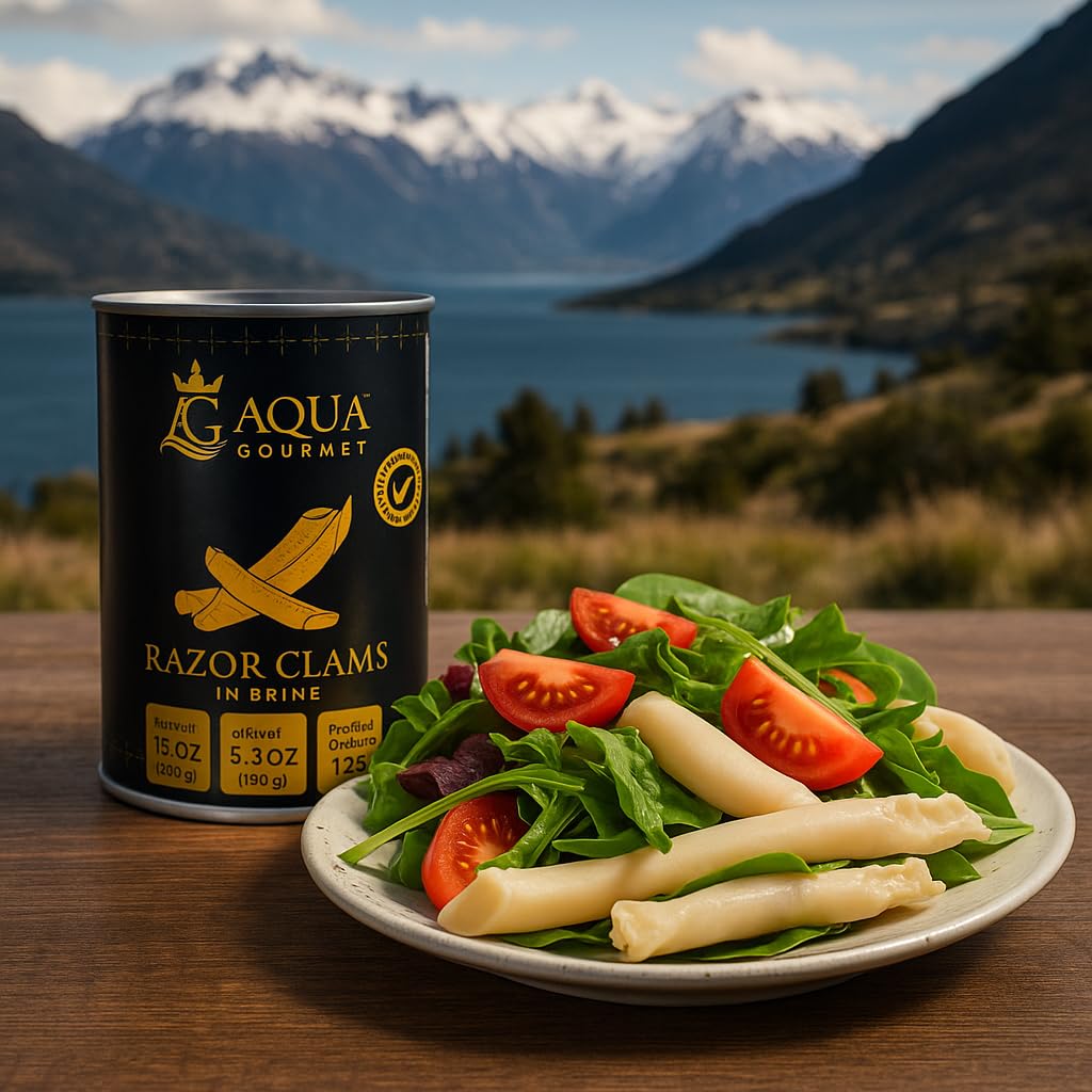 Aqua Gourmet Premium Razor Clams in Brine, Chilean Patagonian Shellfish, 15 oz Can.