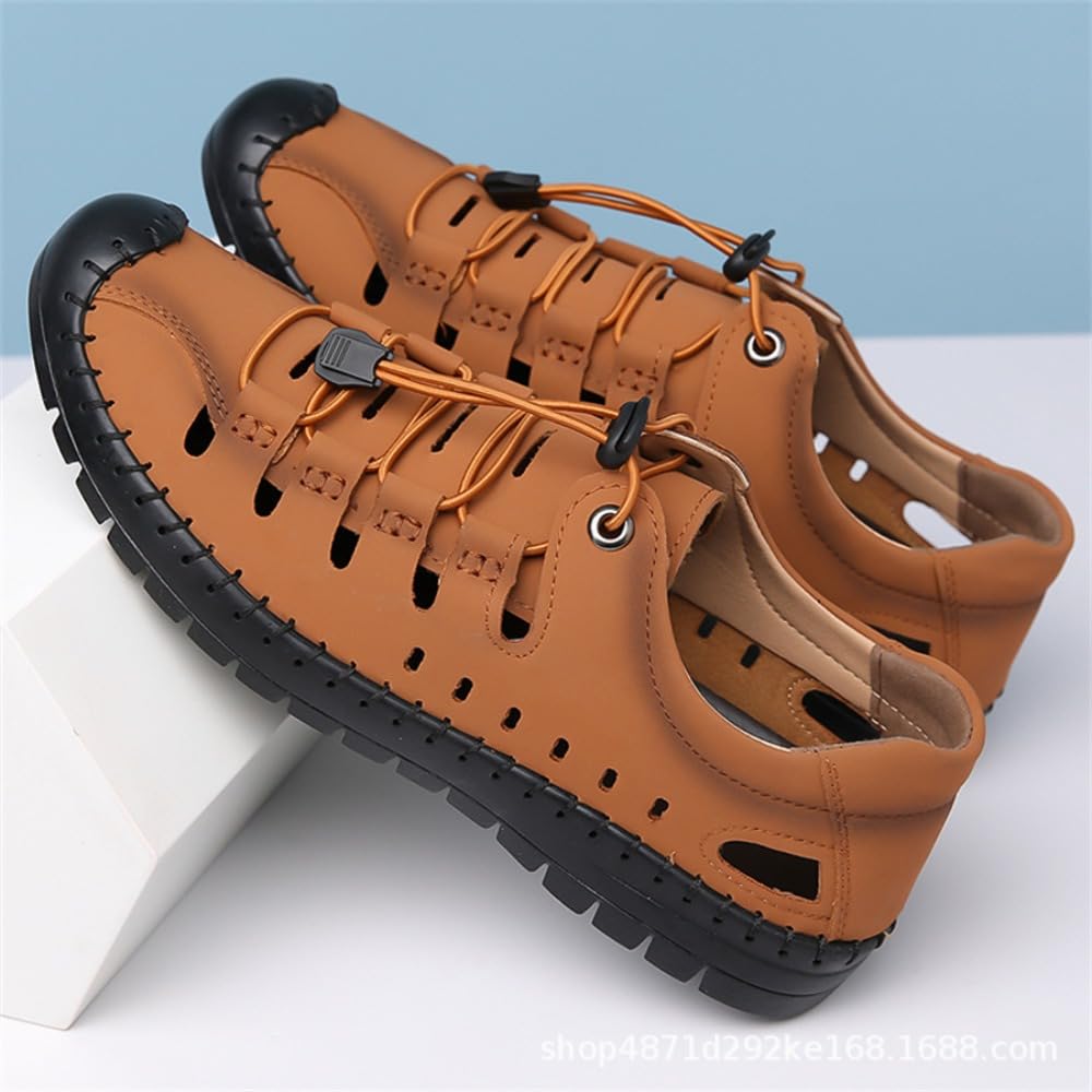Sandales élégantes à bout fermé pour homme en cuir respirant ajouré style pêcheur été décontracté réglable élastique dentelle antidérapante pour l'extérieur, la randonnée, la plage, la marche