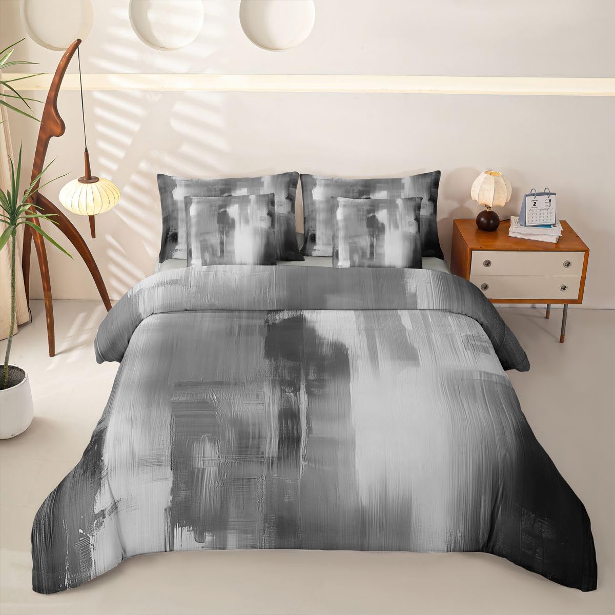 Loussiesd Set di biancheria da letto grigio e bianco con lenzuola, 7 pezzi, per letto singolo, motivo astratto, per bambini, ragazzi, ragazze, grigio e bianco, decorazione per camera da letto