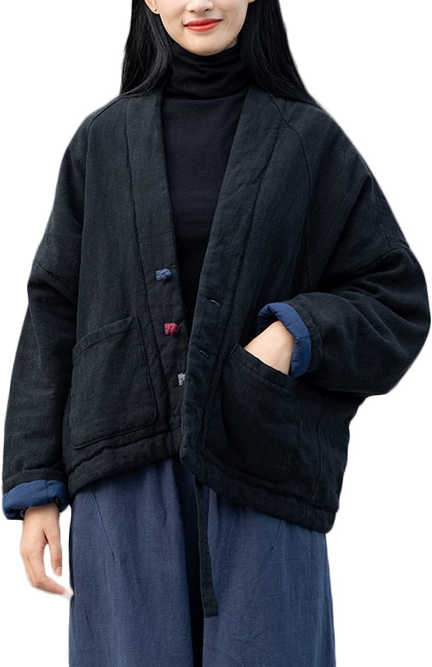 NFYM Women Winter Quilted Short Jackets Cotton Linen Open Front Coats Contrast Color Buttons Retro Hanfu Style Outerwear