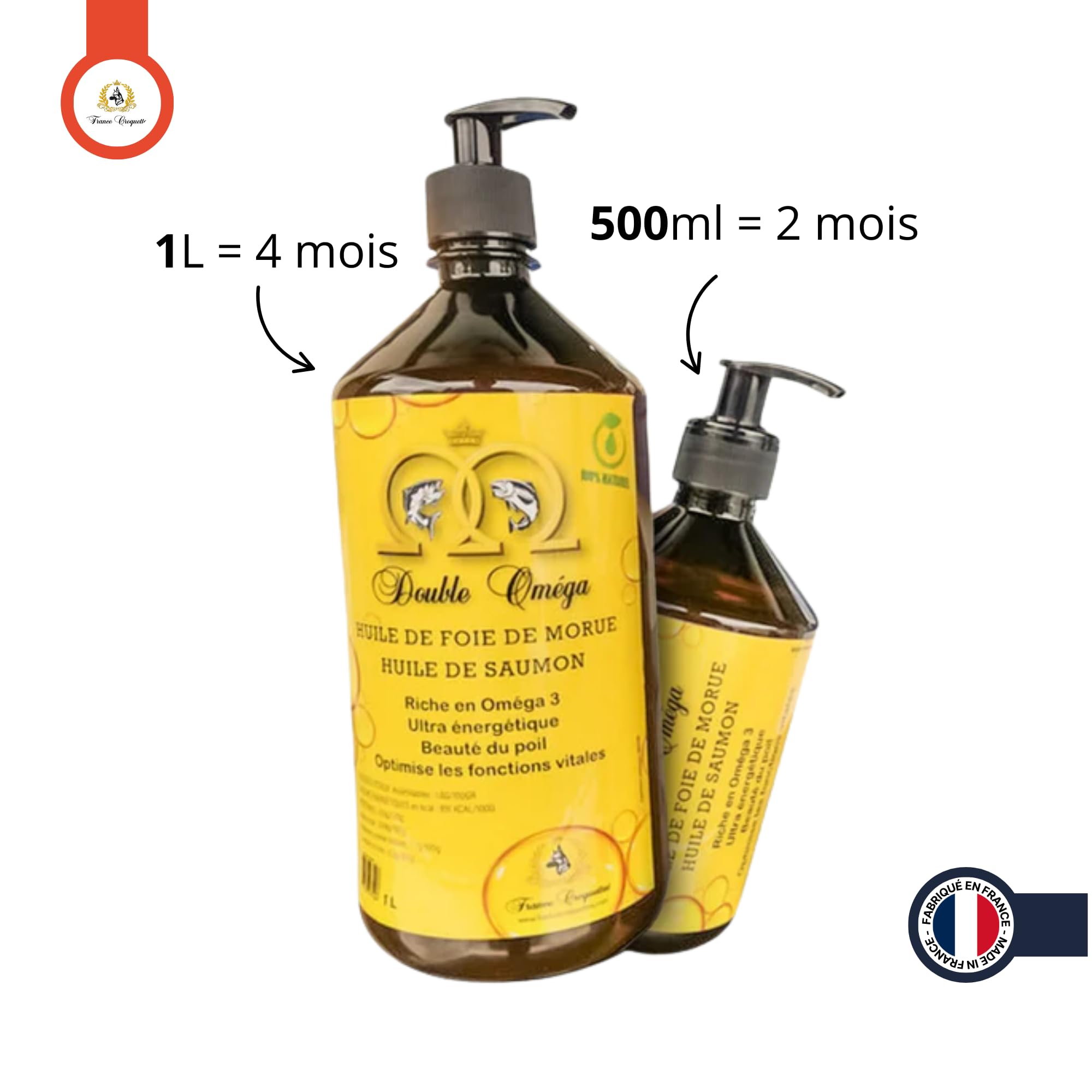 double oméga huile de foie de morue et saumon pour chien – oméga 3 et 6 naturels – vitalité immunité articulations cerveau pelage brillant – complément alimentaire huile 500 ml