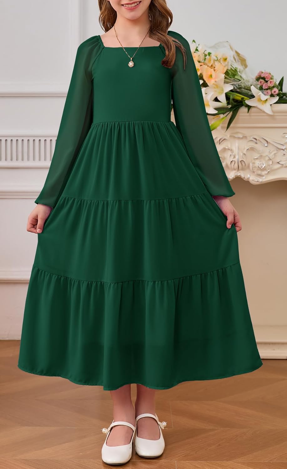 YOVION Girls Fall Long Sleeve Maxi Dress Chiffon A-Line Smocked Tiered Flowy Formal Wedding Guest Dresses for 6-12 Y - Image 2