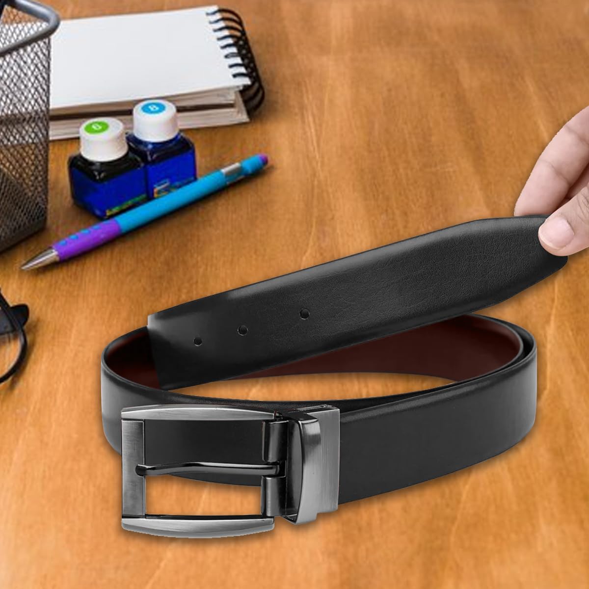 The Wallet Store Premium Reversible Leather Belt For Men - Black