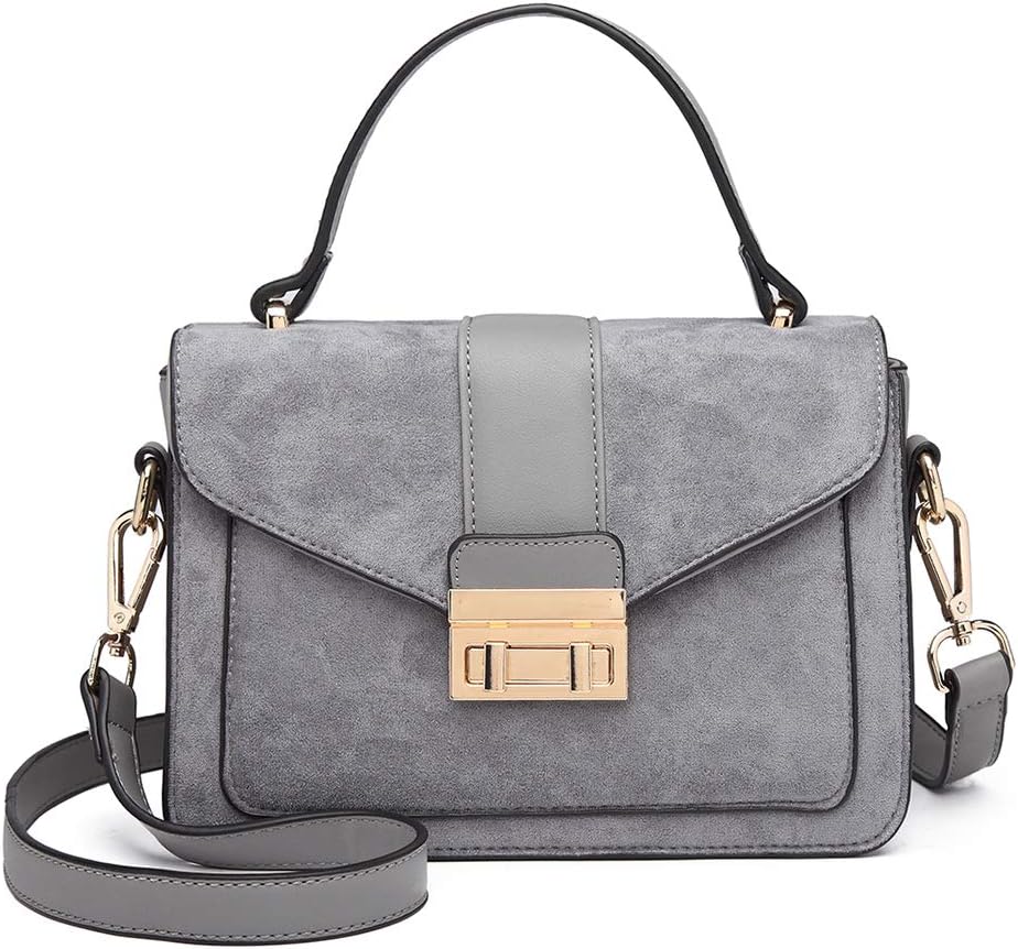 Miss Lulu Women's PU Leather Handbag with Suede Panel, Top Handle Shoulder Bag Crossbody Purse, Elegant Saddle Messenger Bag with Detachable Strap for Work Wedding Evening Daily Use